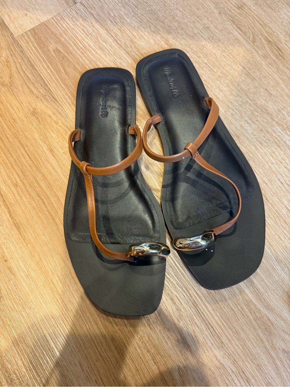 Madewell Black Footbed Brown Strap Sandals with Gold Accent